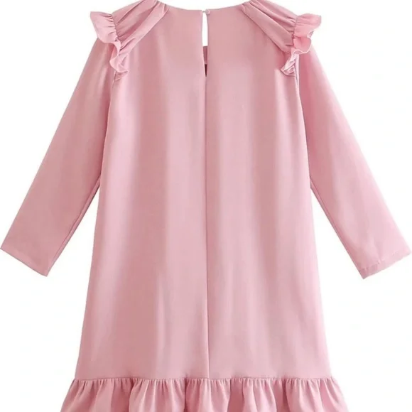 ZARA Bubblegum Pink Ruffle Hem & Shoulders Mini Dress Long Sleeve Sz L - Picture 8 of 16